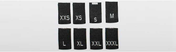 Zwart recycled polyester – geweven maatlabels XXS t/m XXXL 