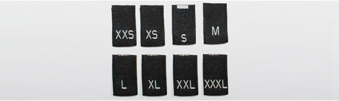 Zwart recycled polyester – geweven maatlabels XXS t/m XXXL 
